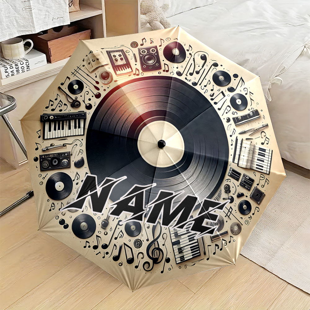 Musical Instrument And Name - Personalisierter Regenschirm mit Namen, „Vintage-Musikalbum-Design mit