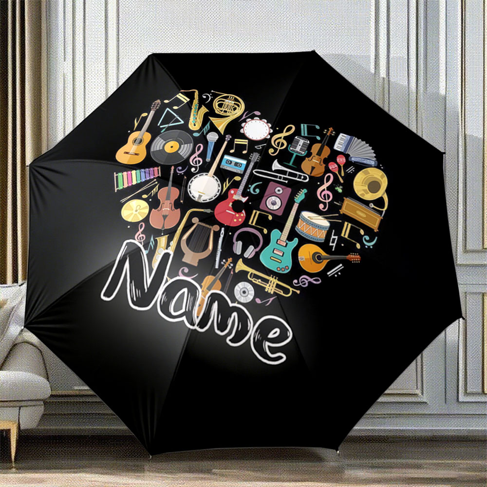 Musical Instrument And Name - Personalisierter Regenschirm mit Namen „Herzförmiges Musikinstrument-Design